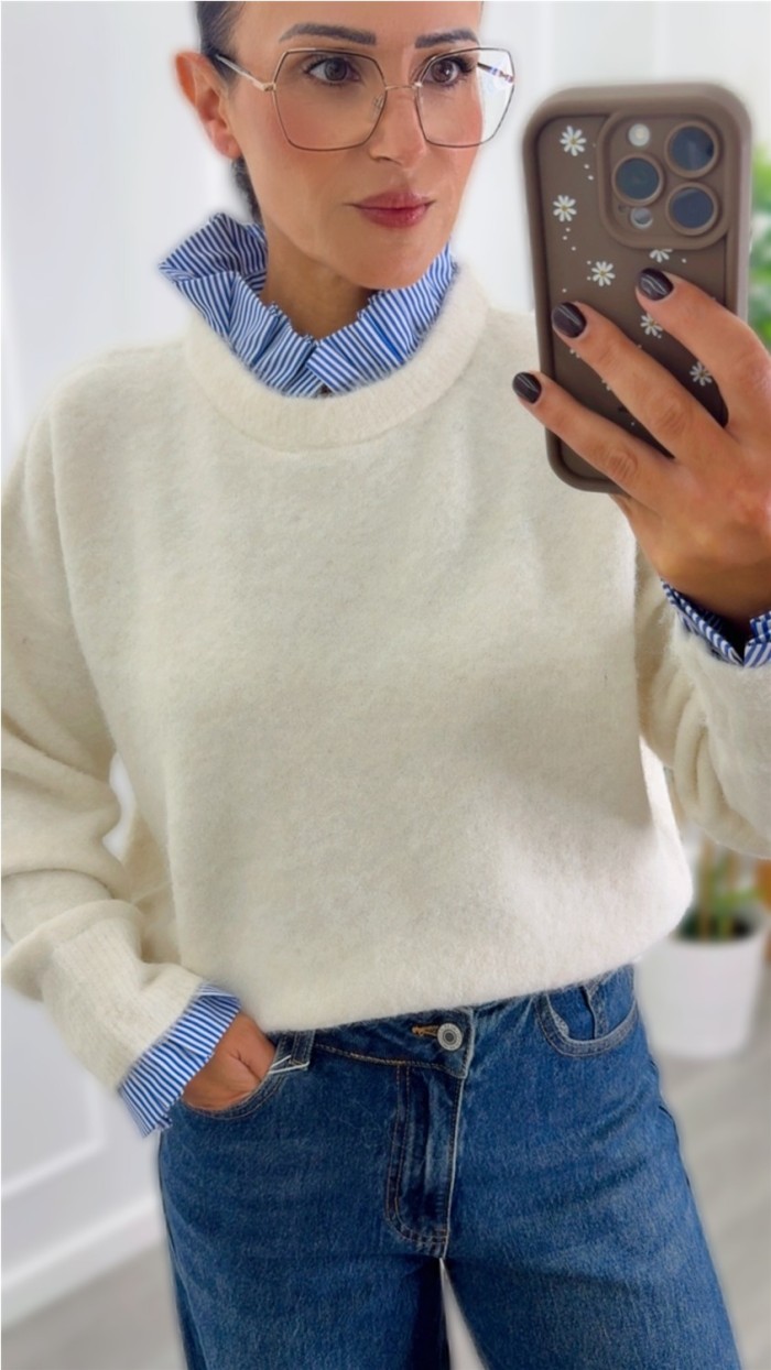 jersey con cuello y puño superpuesto efecto camisa de rayas azul