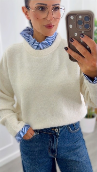 jersey con cuello y puño superpuesto efecto camisa de rayas azul