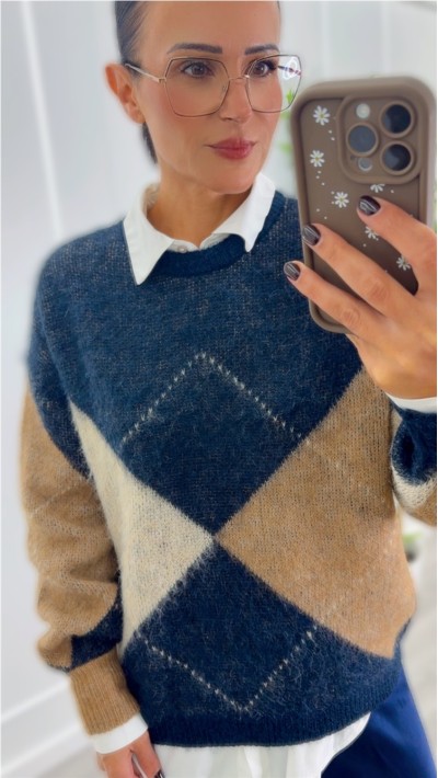 jersey rombos azul marino y marrón, cuello redondo 2