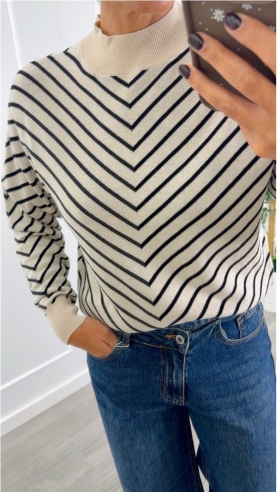 jersey punto finito fondo beige rayas negro