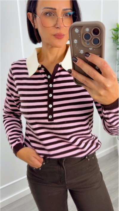 polo rayas rosa y azul con cuello polo contraste en beige