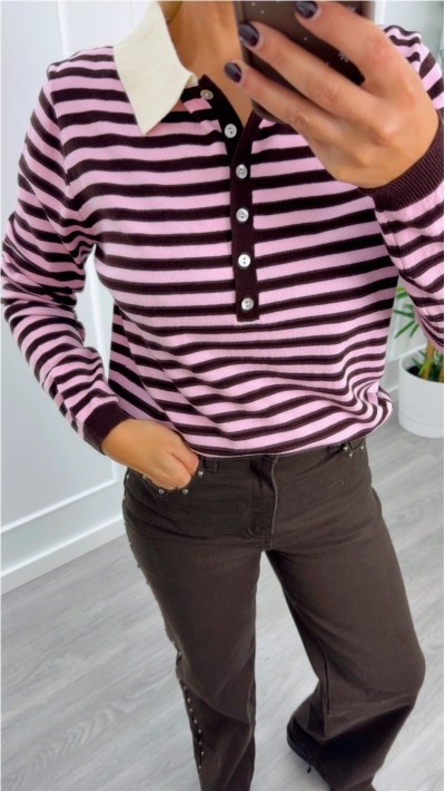 polo rayas rosa y azul con cuello polo contraste en beige 2