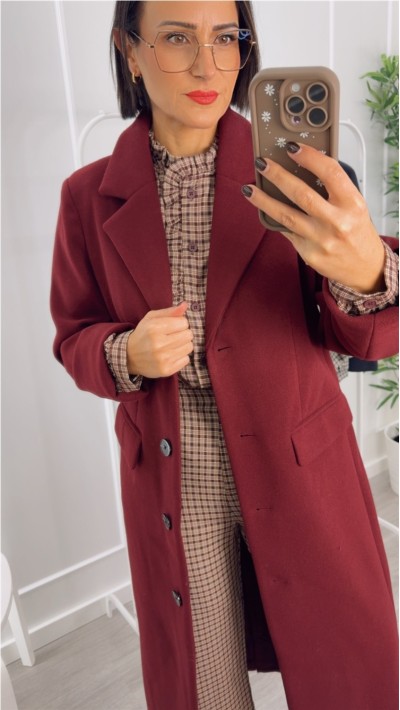 abrigo largo paño con bolsillo solapa , en gris y burdeos