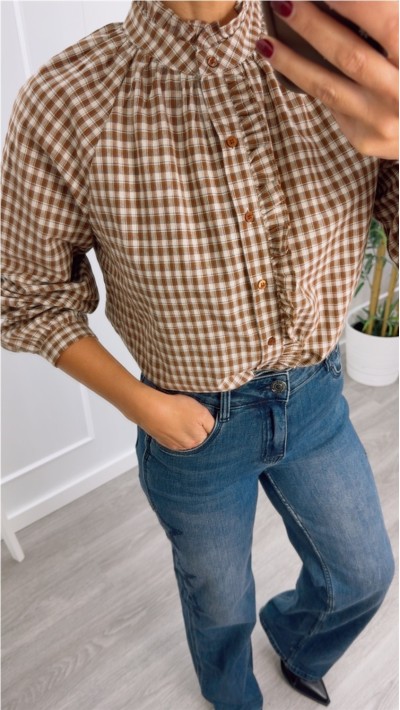 blusa cuadros camel rayas gris azul y verde