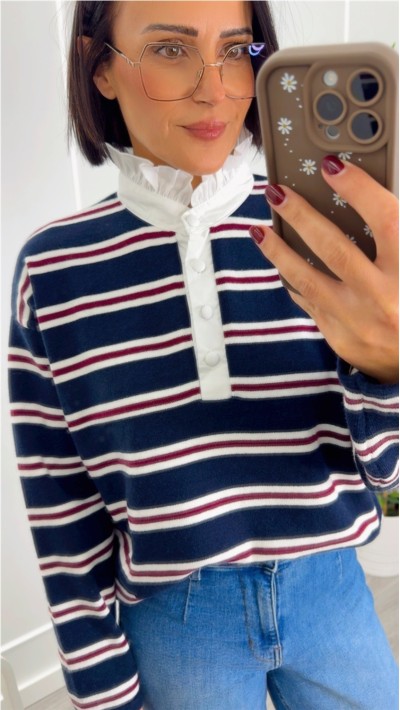 JERSEY CUELLO CAMISA FONDO AZUL MARINO RAYAS BLANCAS Y BURDEOS