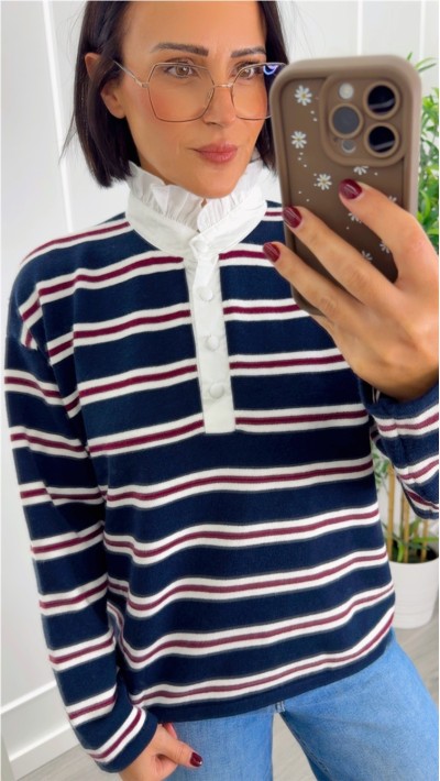 JERSEY CUELLO CAMISA FONDO AZUL MARINO RAYAS BLANCAS Y BURDEOS 2