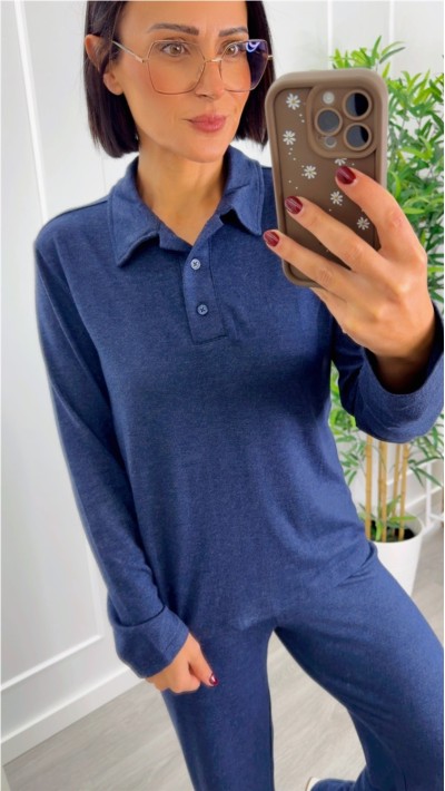 JERSEY TIPO POLO PUNTO FINITO GRIS Y AZUL