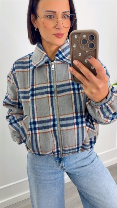 BOMBER DE CUADROS CREMALLERA BOLSILLO LATERAL FONDO GRIS, CUDROS EN AZ