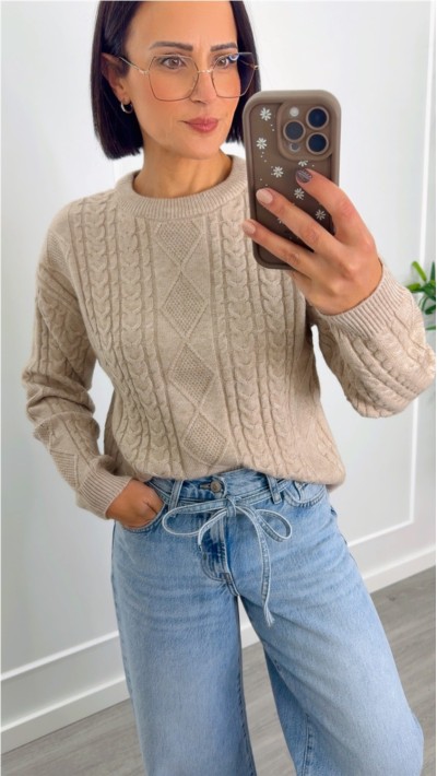 JERSEY PUNTO SUAVE CUELLO REDONDO OCHOS, BEIGE, CAMEL Y GRIS OSCURO