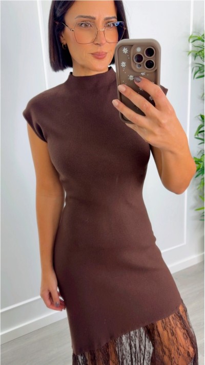 VESTIDO PUNTO FALDA ENCAJE CORTE ASIMÉTRICO EN MARRÓN Y NEGRO