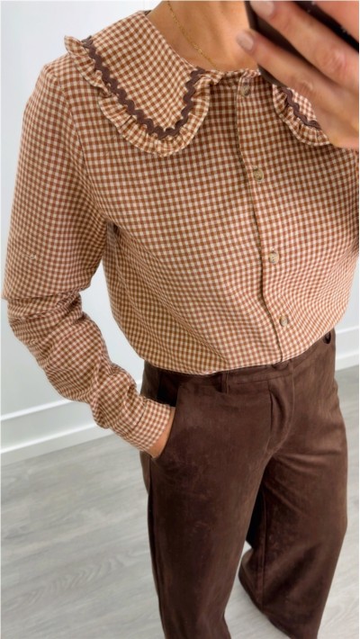 BLUSA CUELLO BEBE CUADROS VICHY TEJA