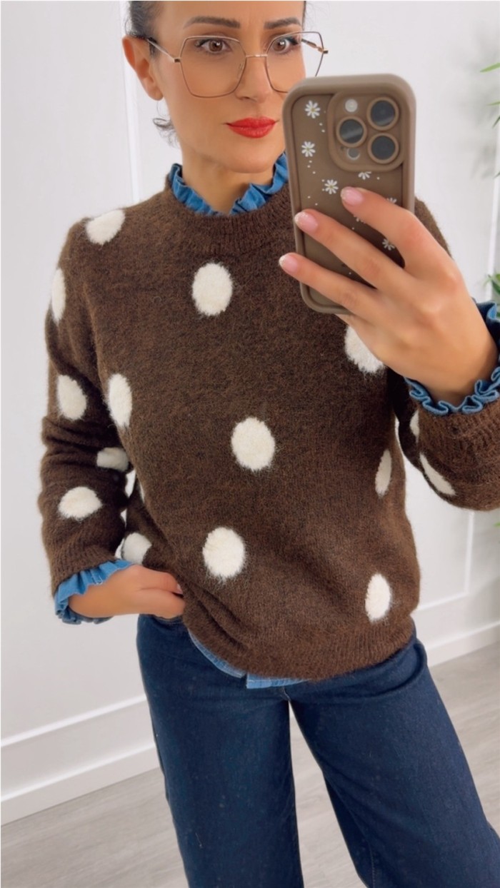 JERSEY PUNTO SUAVE MARRÓN TOPOS EN BEIGE Y BEIGE CON TOPOS EN BURDEOS