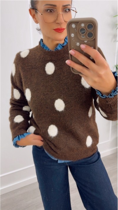 JERSEY PUNTO SUAVE MARRÓN TOPOS EN BEIGE Y BEIGE CON TOPOS EN BURDEOS