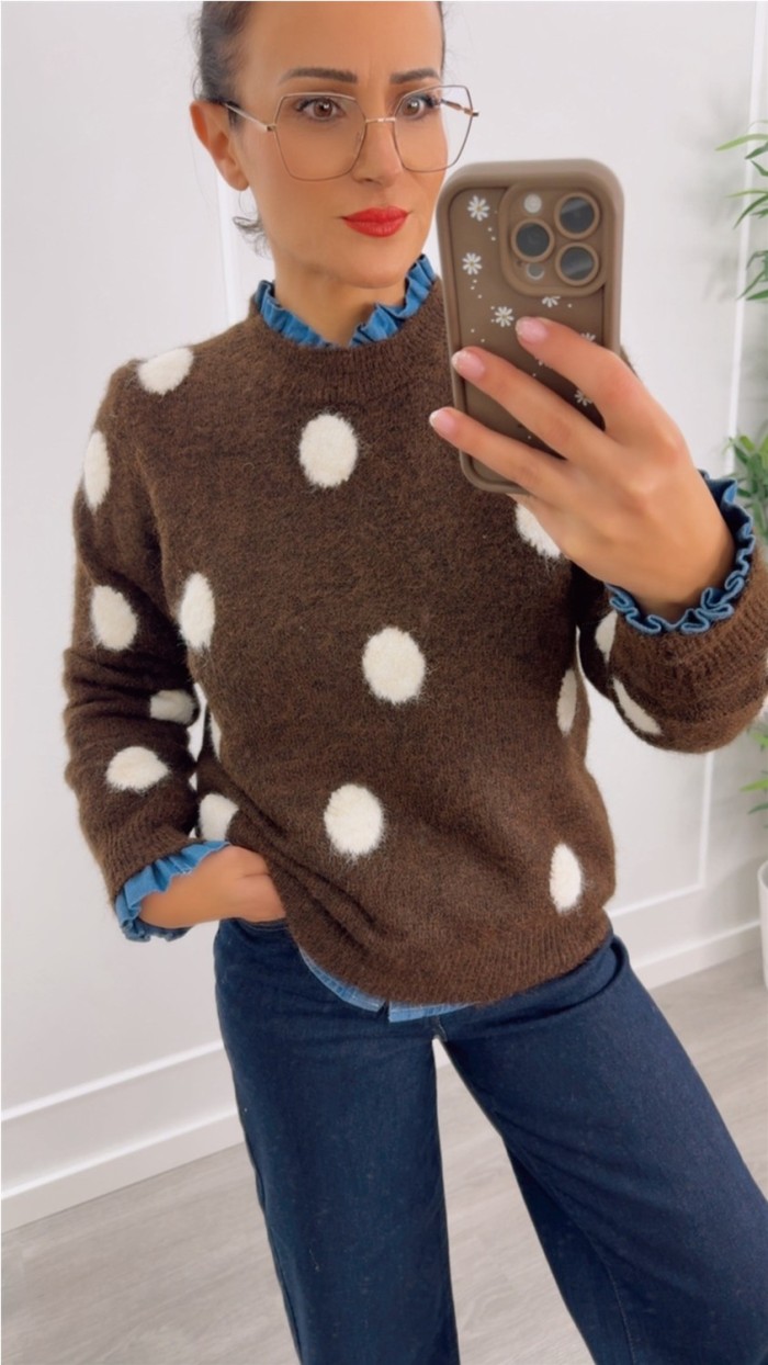 JERSEY PUNTO SUAVE MARRÓN TOPOS EN BEIGE Y BEIGE CON TOPOS EN BURDEOS