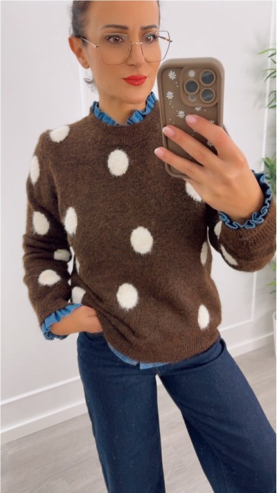 JERSEY PUNTO SUAVE MARRÓN TOPOS EN BEIGE Y BEIGE CON TOPOS EN BURDEOS