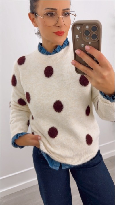 JERSEY PUNTO SUAVE MARRÓN TOPOS EN BEIGE Y BEIGE CON TOPOS EN BURDEOS
