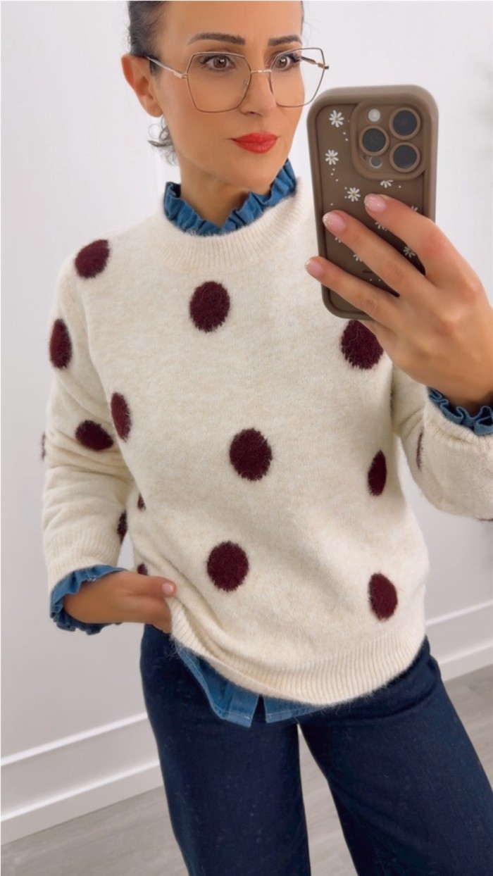 JERSEY PUNTO SUAVE MARRÓN TOPOS EN BEIGE Y BEIGE CON TOPOS EN BURDEOS