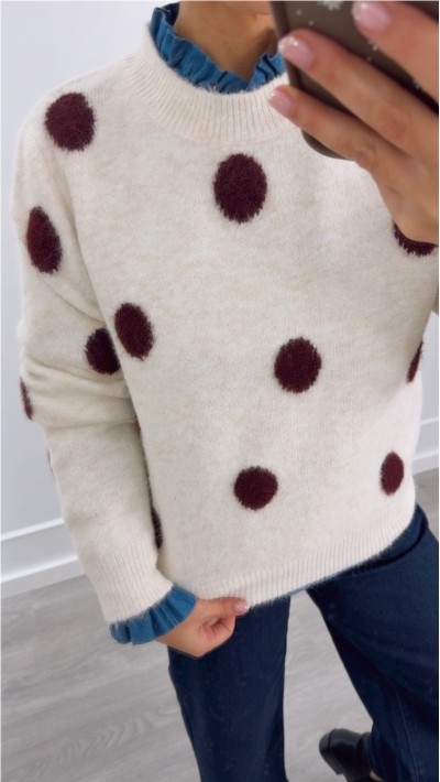 JERSEY PUNTO SUAVE MARRÓN TOPOS EN BEIGE Y BEIGE CON TOPOS EN BURDEOS 2