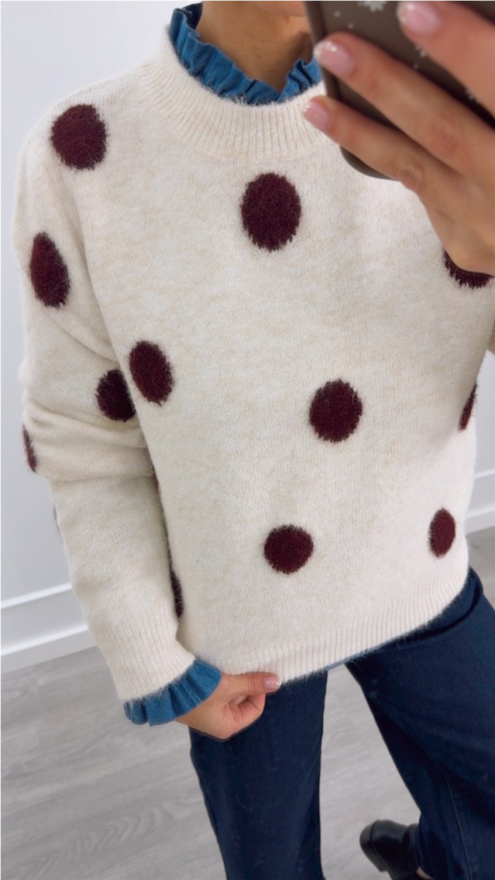 JERSEY PUNTO SUAVE MARRÓN TOPOS EN BEIGE Y BEIGE CON TOPOS EN BURDEOS