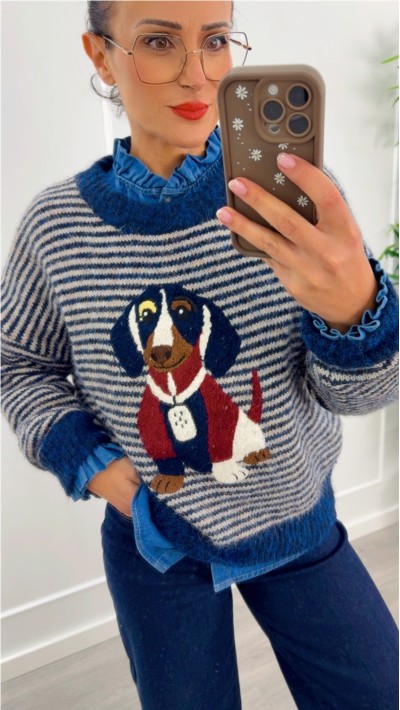 JERSEY PUNTO SUAVE  RAYAS AZUL DETALLE PERRO TONOS AZULES Y BURDEOS