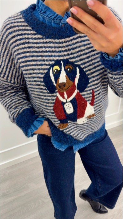 JERSEY PUNTO SUAVE  RAYAS AZUL DETALLE PERRO TONOS AZULES Y BURDEOS 2