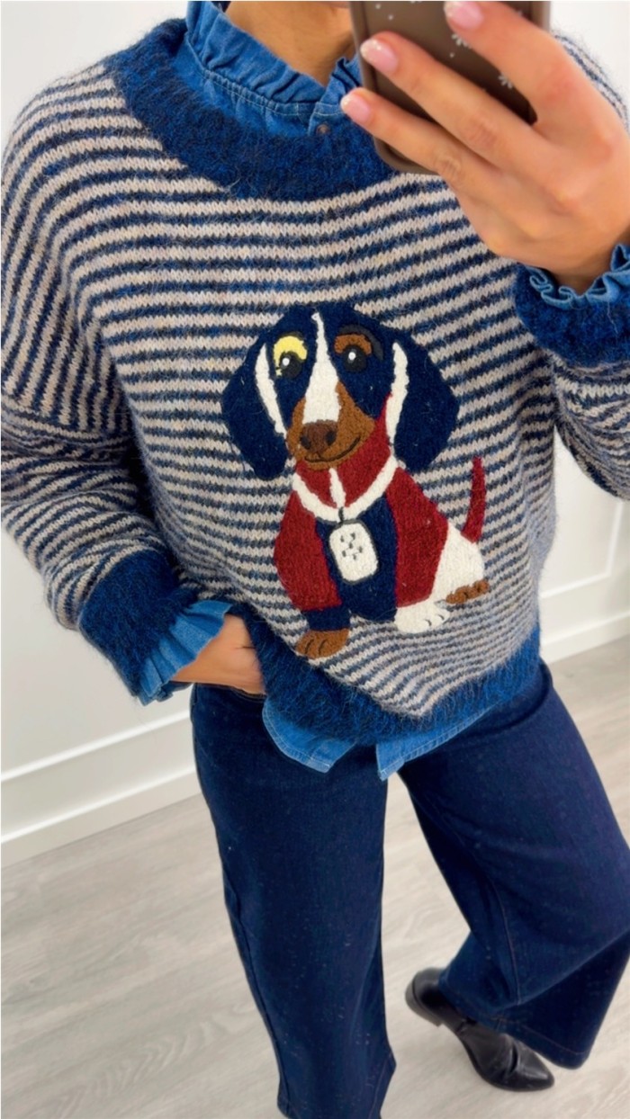 JERSEY PUNTO SUAVE  RAYAS AZUL DETALLE PERRO TONOS AZULES Y BURDEOS