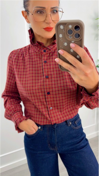 BLUSA CUELLO MAO DE CUADROS ROJOS VERDES Y AZULES