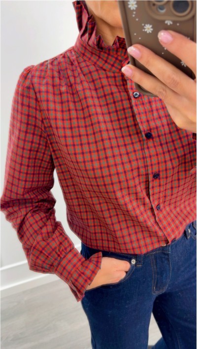 BLUSA CUELLO MAO DE CUADROS ROJOS VERDES Y AZULES 2