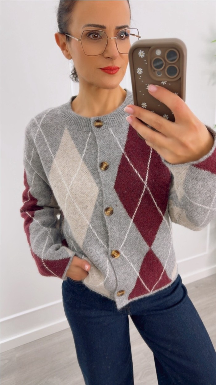chaqueta rombos, marrón con beige y burdeos con gris, punto suave y ca