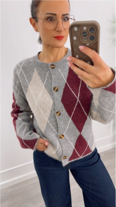 chaqueta rombos, marrón con beige y burdeos con gris, punto suave y ca