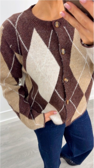 chaqueta rombos, marrón con beige y burdeos con gris, punto suave y ca
