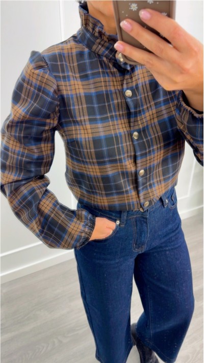 blusa cuello mao cuadros azul, negro y marrón botones click