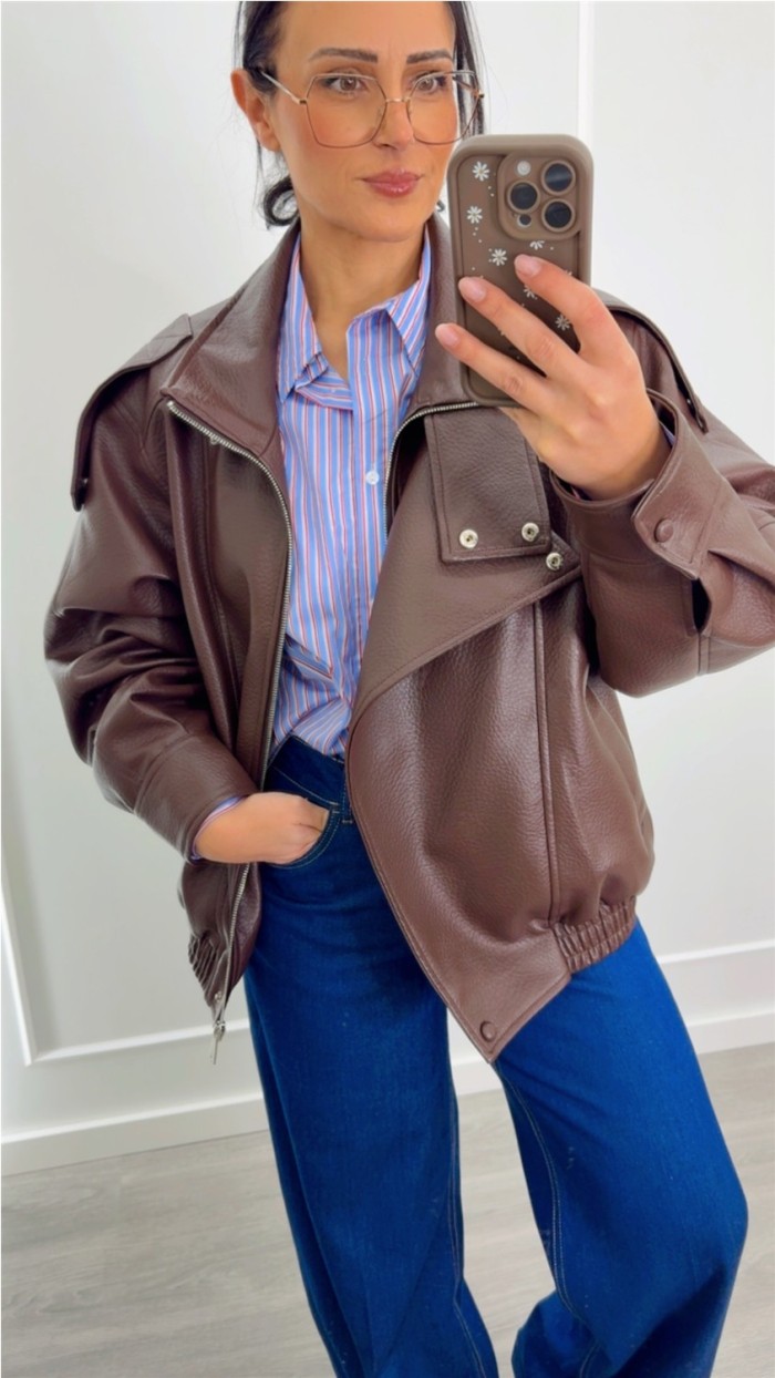 chaqueta polipiel marrón choco retro oversize