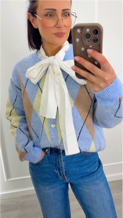 -chaqueta punto rombos en azul y verde