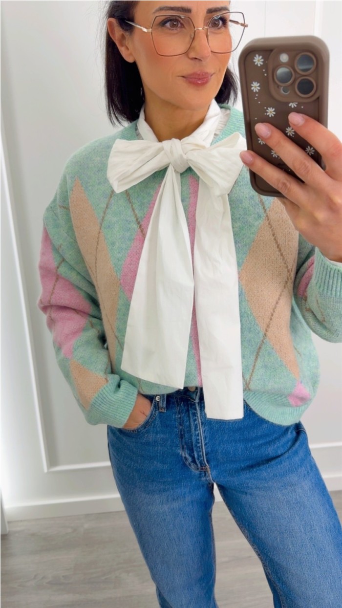 -chaqueta punto rombos en azul y verde