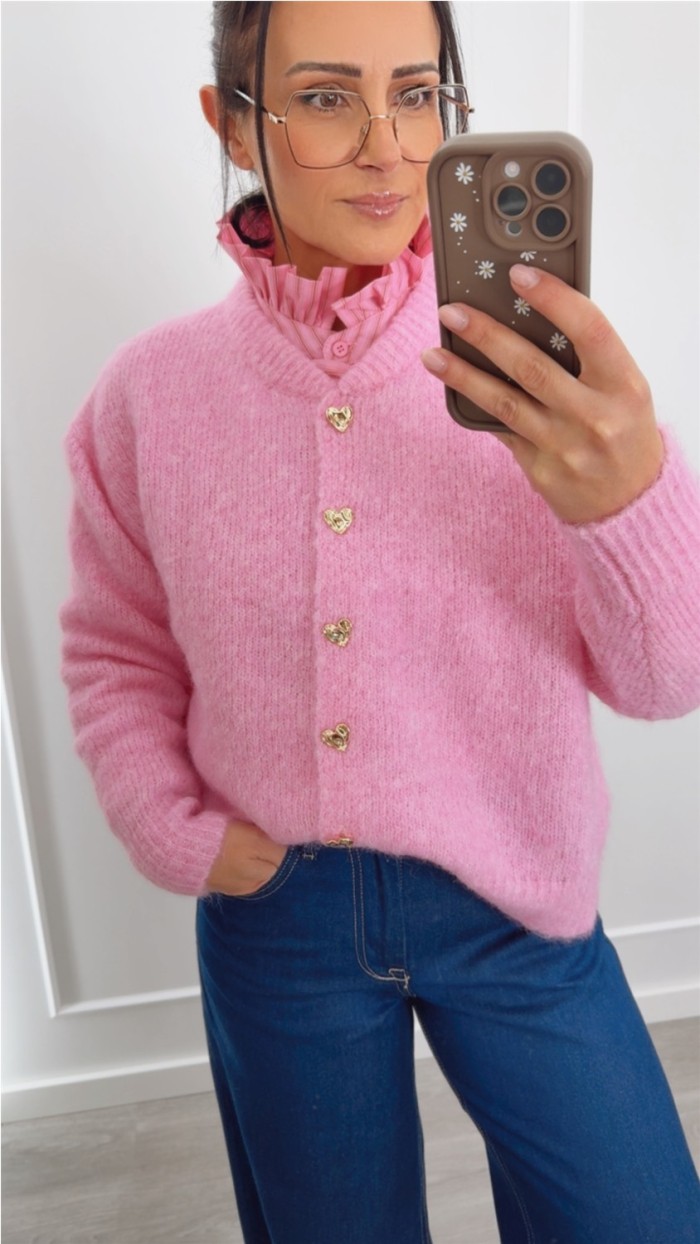 chaqueta rosa con botones en forma de corazón, punto suave y cómodo