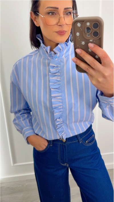 blusa cuello con volante , rayas azul y rojo y rosa y camel, oversize