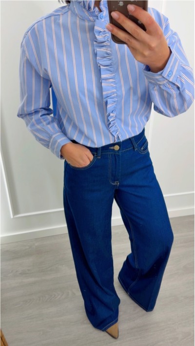 blusa cuello con volante , rayas azul y rojo y rosa y camel, oversize