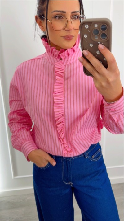 blusa cuello con volante , rayas azul y rojo y rosa y camel, oversize