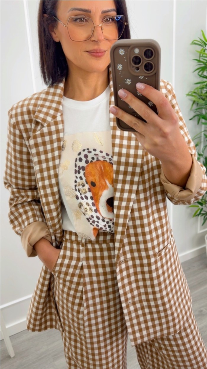 blazer cuadros vichy fluída camel y azul marino