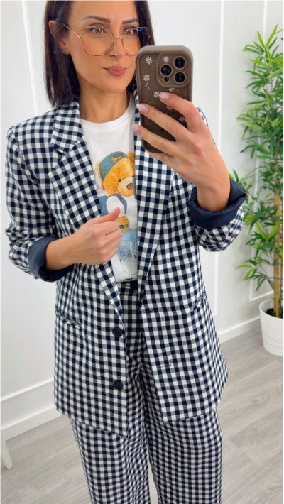 blazer cuadros vichy fluída camel y azul marino