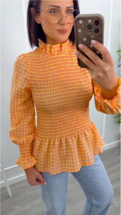 blusa cuadros vichy gomas escote y manga abullonada