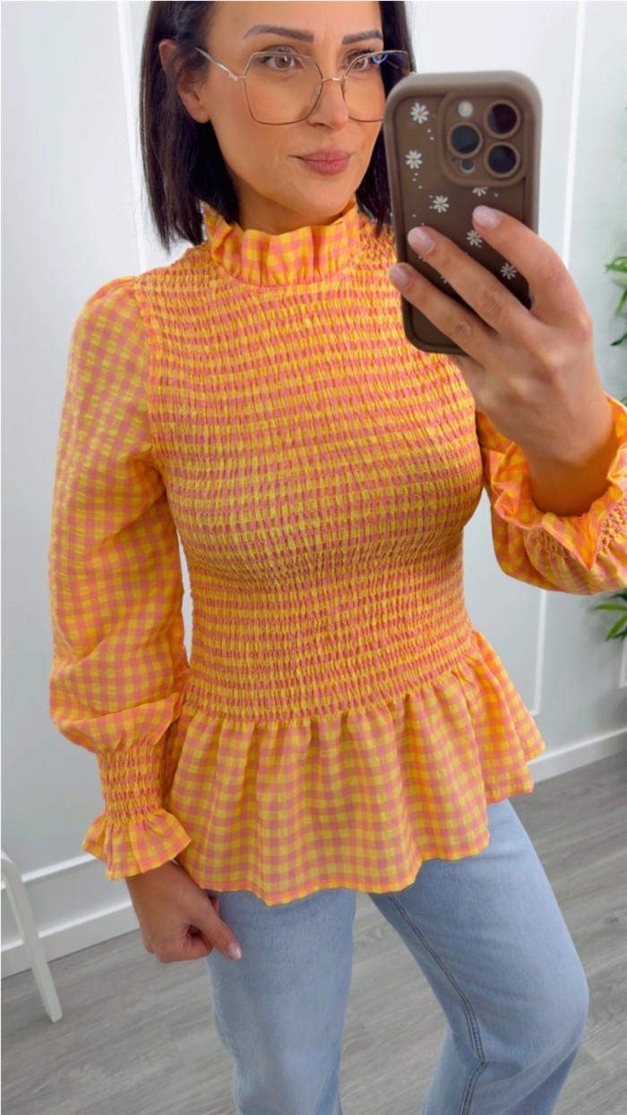 blusa cuadros vichy gomas escote y manga abullonada