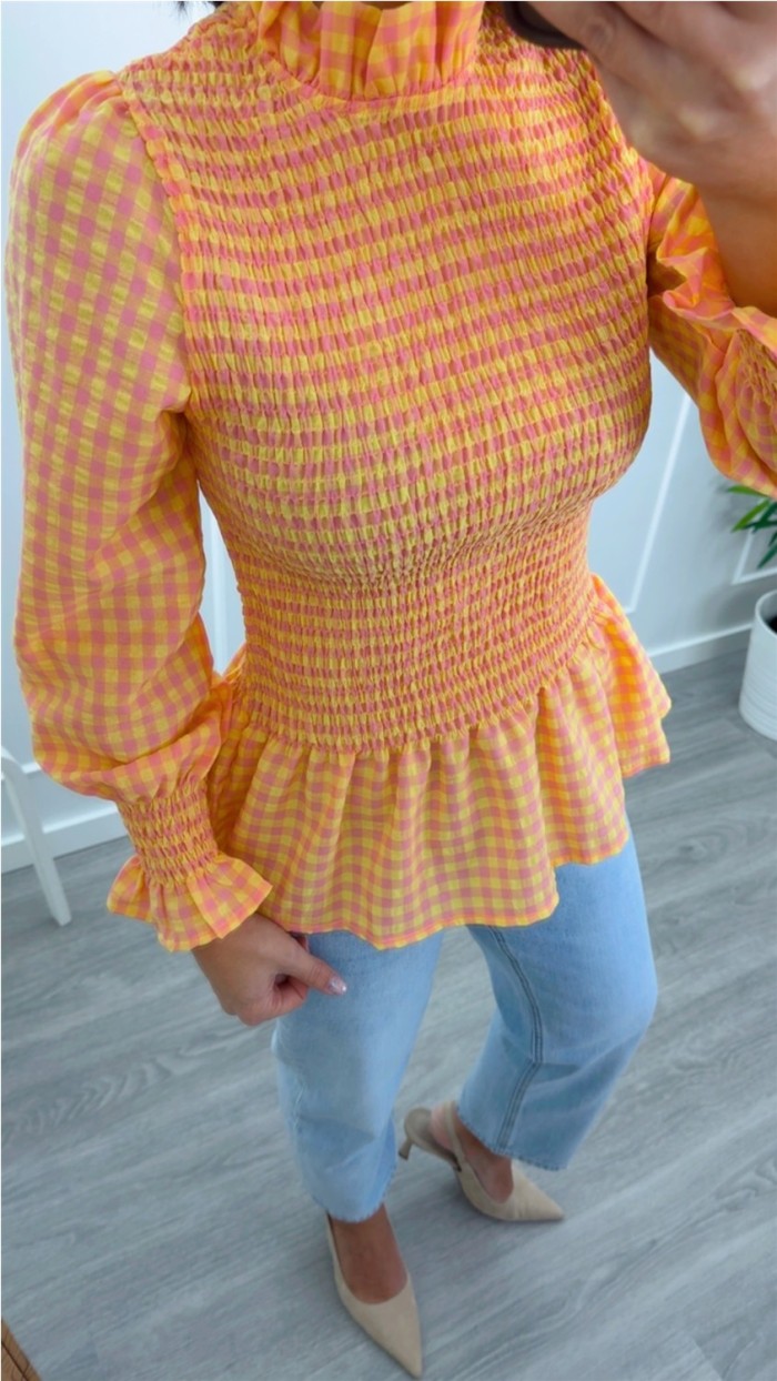 blusa cuadros vichy gomas escote y manga abullonada