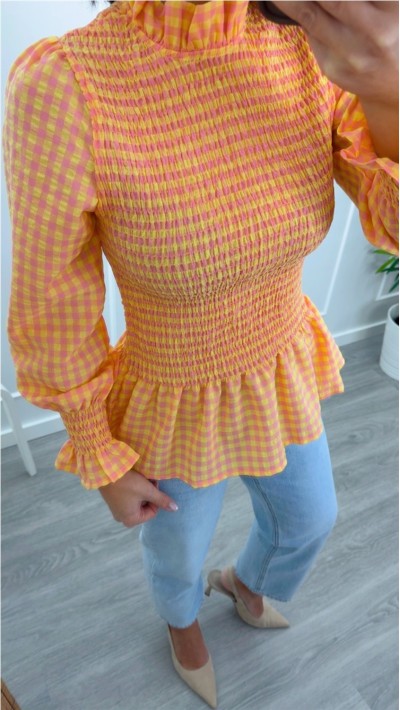 blusa cuadros vichy gomas escote y manga abullonada