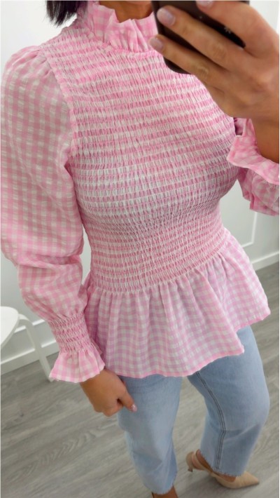 blusa cuadros vichy gomas escote y manga abullonada