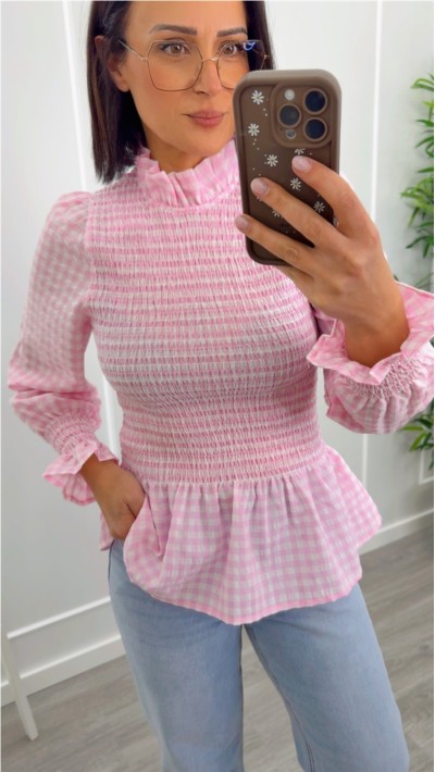 blusa cuadros vichy gomas escote y manga abullonada