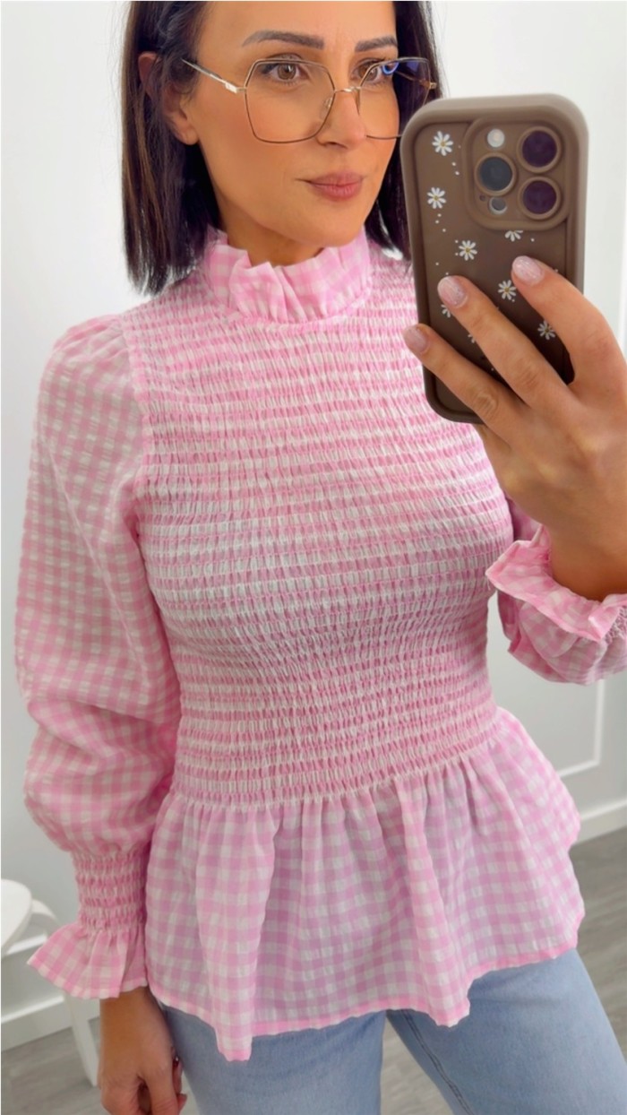 blusa cuadros vichy gomas escote y manga abullonada