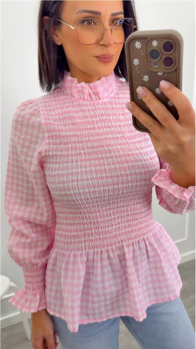 blusa cuadros vichy gomas escote y manga abullonada