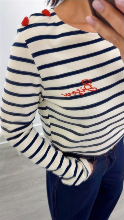 camiseta manta larga rayas azul marino detalle botones corazón